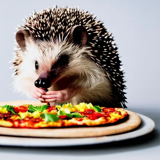 Prompt: still image of a cute hedgehog sitting at a tiny table eating a tiny pizza, photo