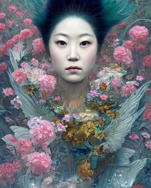 Image similar to portrait of the japanese queen of the underworld, surrounded by flowers by karol bak, james jean, tom bagshaw, rococo, sharp focus, trending on artstation, cinematic lighting, hyper realism, octane render, 8 k, hyper detailed.