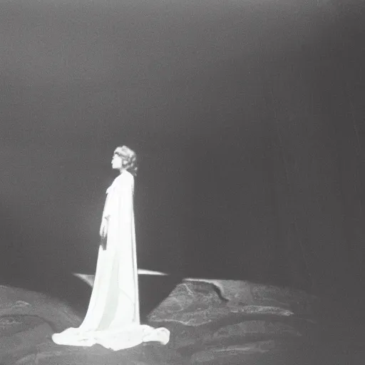 Image similar to photo, a woman wearing a giant wide flowy white sheet with her arms out and a vintage western movie being projected on it, standing inside a dark western rocky scenic landscape, volumetric lighting