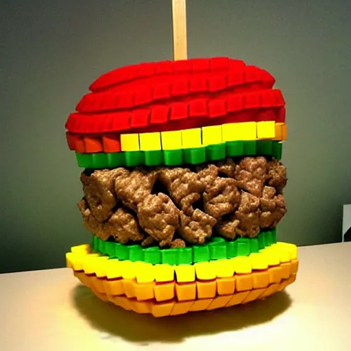 Image similar to cheeseburger sculpture made out of empty plastic bottles.