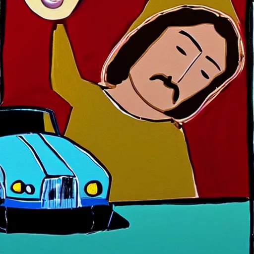 Prompt: painting of jesus christ driving a car