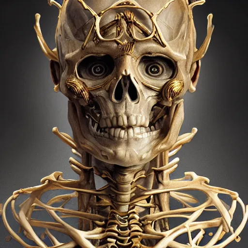Prompt: portrait of a skeleton god, marble statue, greek mythology, sculpture, gold crown, visible fossilized arteries and bones and veins and nerves and spine, intricate, headshot, highly detailed, digital painting, artstation, concept art, sharp focus, cinematic lighting, illustration, art by artgerm and greg rutkowski, alphonse mucha, cgsociety