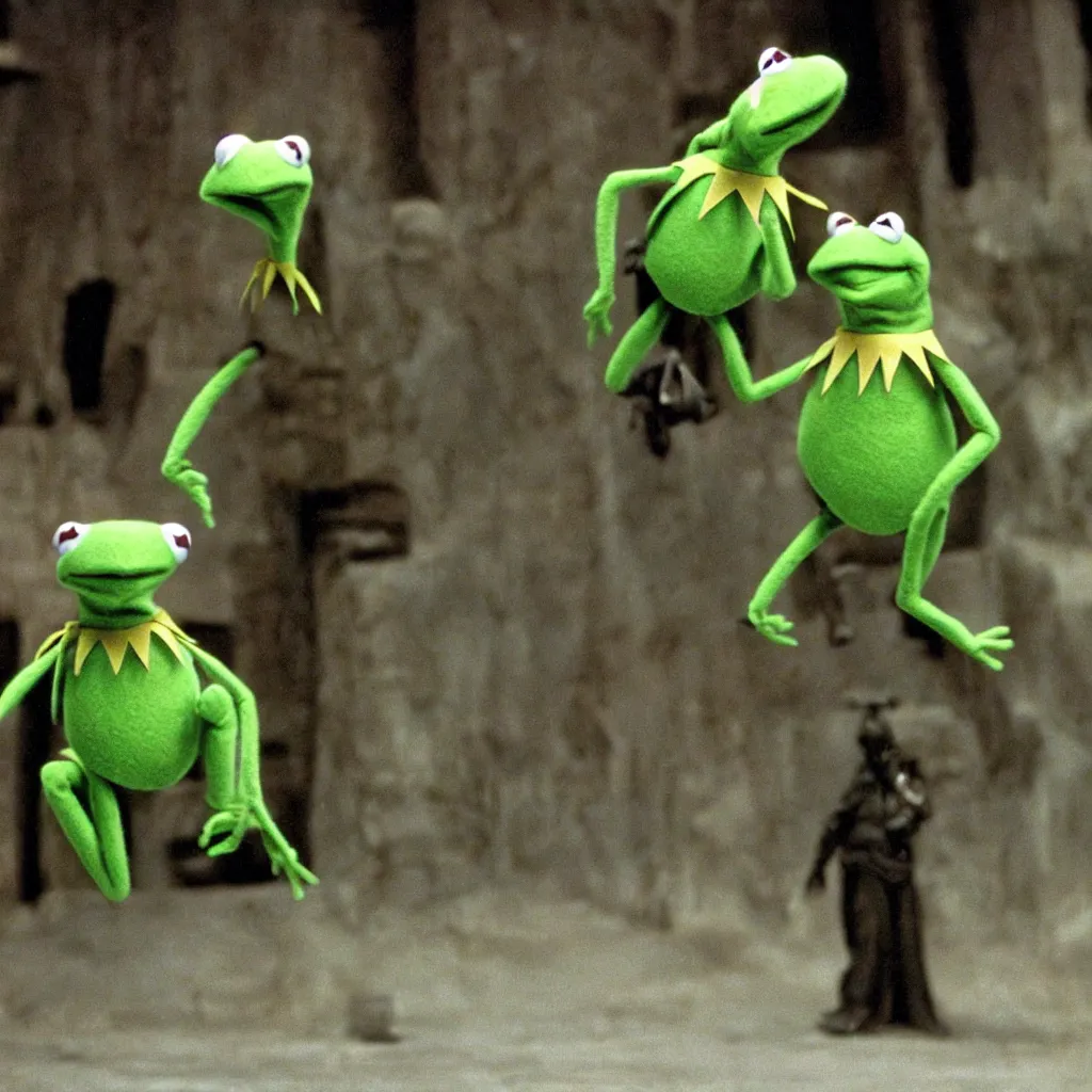 Image similar to kermit the frog as neo in the matrix ( 1 9 9 9 )