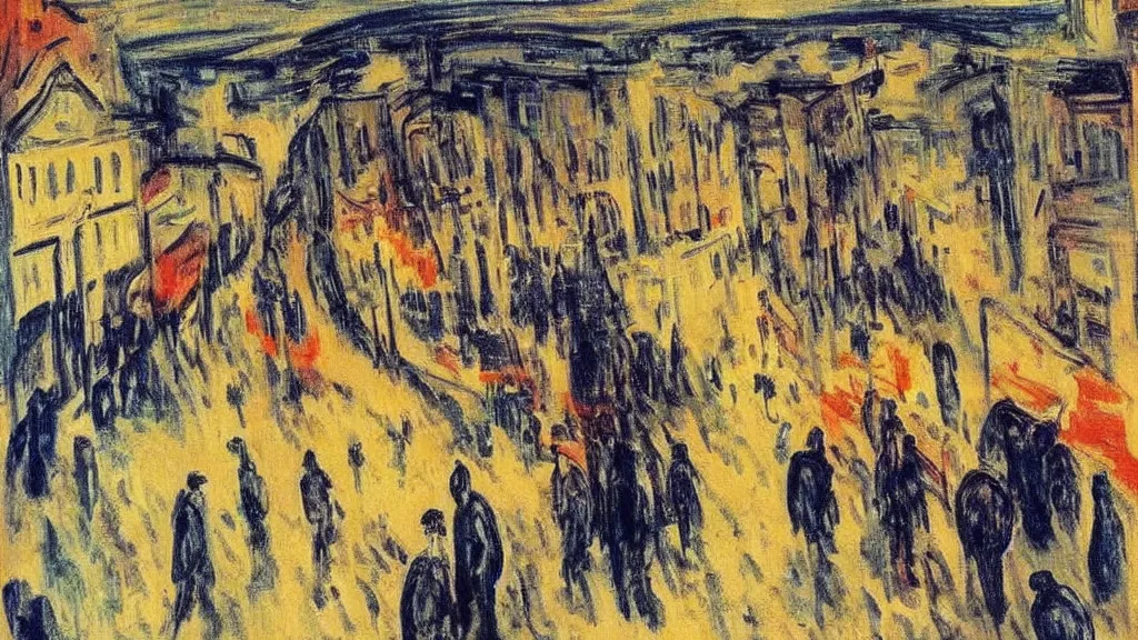 Image similar to a town being bombed on market sunday, tragic painting by edvard munch