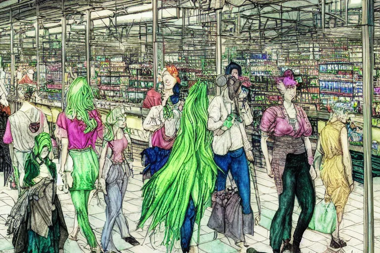 Prompt: group of green haired women walking through a super market aisle, in the style of Greg Broadmore and Arthur Rackham and Moebius, trending on artstation, light lighting side view,digital art,surrealism ,macro,blueprint ,vaporwave ,