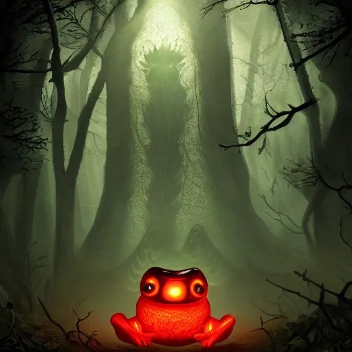 Image similar to giant evil monsterous slimy toad in the dark forest, glowing red eyes, slimy toads, dark night, midnight, foggy, atmospheric, highly detailed, hyperrealistic, gothic horror, trending on artstation, digital art, dark fantasy