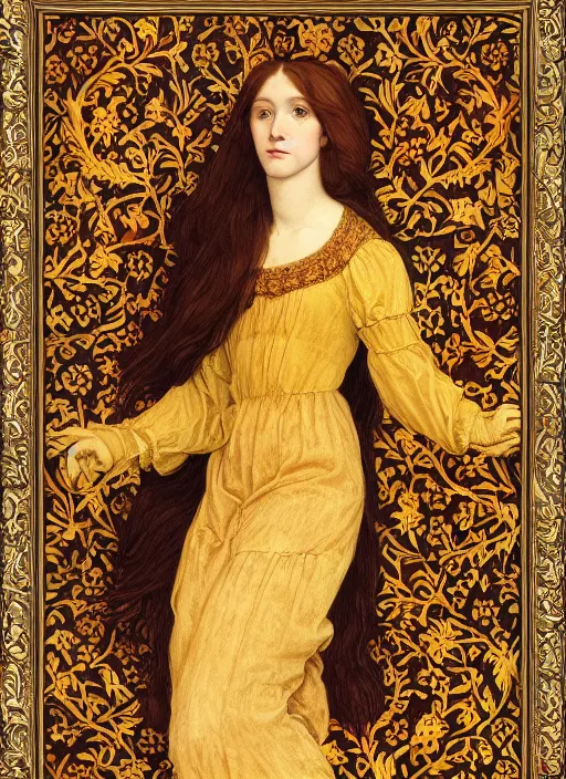 Image similar to preraphaelite full body reclining portrait photography masterpiece, perfectly poised, brown hair fringe, yellow ochre ornate medieval dress, william morris and kilian eng, framed, 4 k