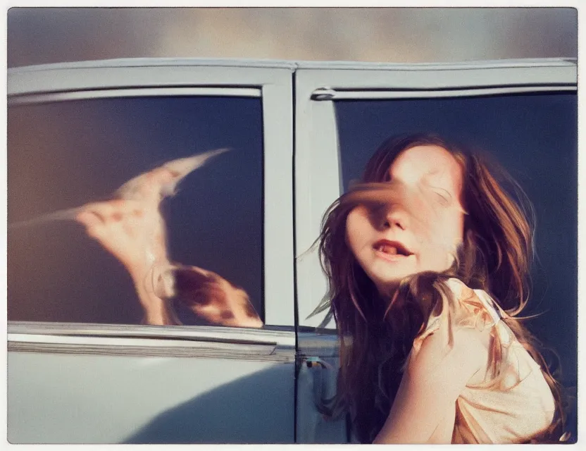 Prompt: girl in window of car, blowing hair, motion photo, in the early morning, long distance photo, golden hour, bleach bypass, warm tones, beige colors, sunlight, digital 2 d, polaroid, high - key lighting, by lisa yuskavage, by serov valentin, by krenz cushart