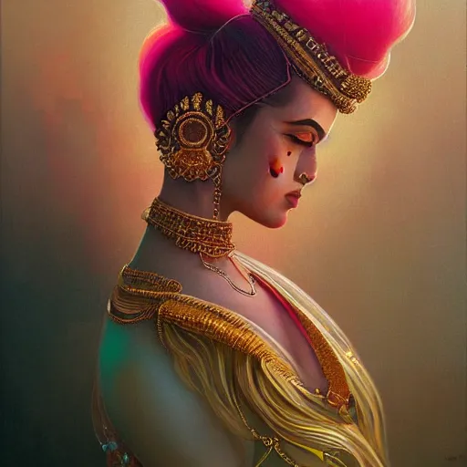 Image similar to side portrait of a beautiful Desi queen of tigers, pink and gold, by Anato Finnstark, Tom Bagshaw, Brom