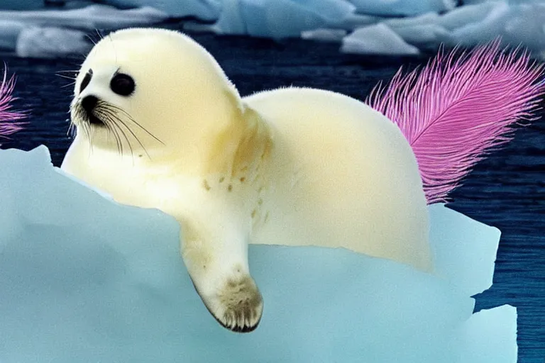 Image similar to a baby harp seal with multicolored feathers and wings, lying on a pile of fish, background of iceberg and glaciers CGsociety