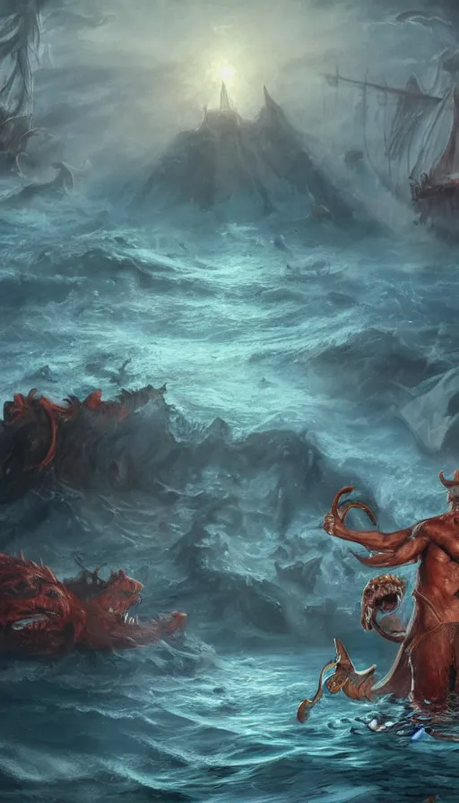 Image similar to man on boat crossing a body of water in hell with creatures in the water, sea of souls, by disney concept artists