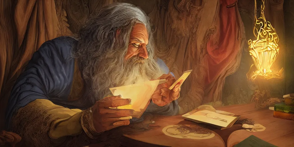 Prompt: wizard doing a tarot reading, cards, fantasy, digital art, soft lighting, 8 k, highly detailed, medium close up