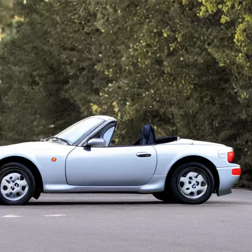 Prompt: two 1 9 9 3 mazda miatas kissing