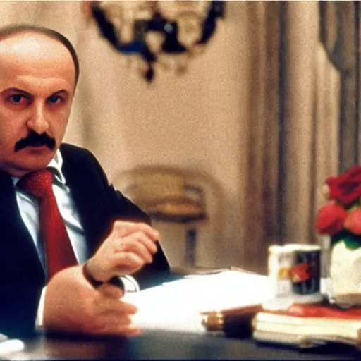 Image similar to Alexander Lukashenko in Scarface, cocaine on the table, belarusian flag in the background, cinematic still