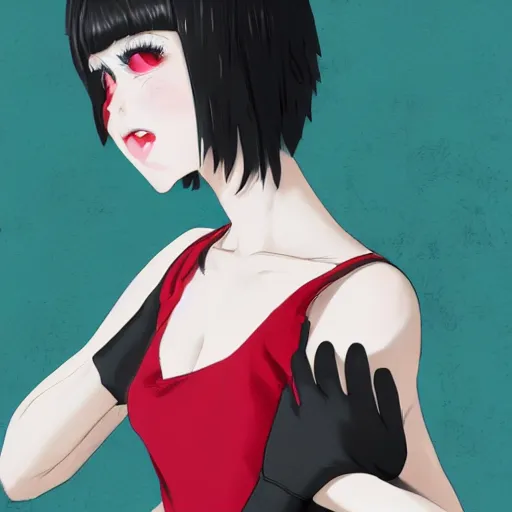 Image similar to girl, bare shoulders, detached sleeves, looking at viewer, open mouth, partially fingerless black gloves, background, red eyes, short hair, white hair, white shirt, white sleeves, wolf ears, by sophie anderson, vaporwave colors, lo - fi, concept art, smooth, detailed, toon shading, cel shading, animation, 4 k, hd