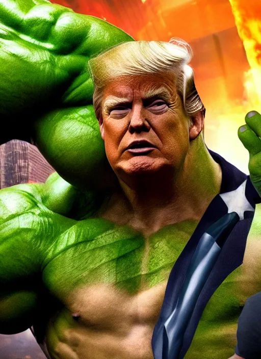 Prompt: donald trump as the hulk, he's green, superhero movie poster still, 4 k