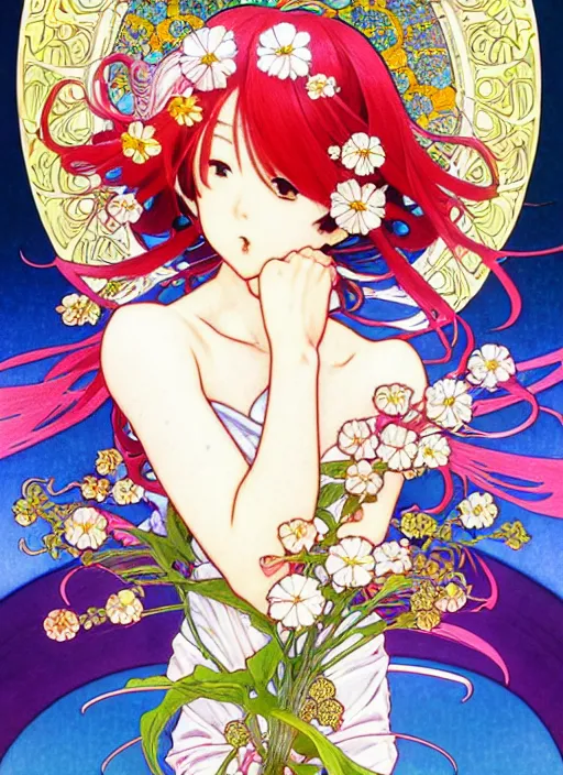 Prompt: exquisite imaginative manga poster art of genshin impact, flowers, pearlescent, shimmering, reflective, rim light, detailed background, by kojima ayami, shigenori soejima, minaba hideo, alphonse mucha, art nouveau, illustration, artstation, concept art, highly detailed, colorful, maximalist