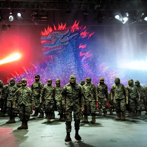 Image similar to army of godzilla on stage