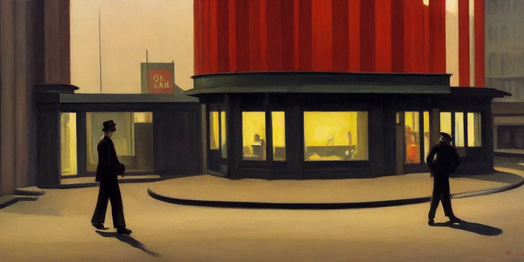 Image similar to a Edward Hopper painting of a bussiness walking alone in a empty street at night