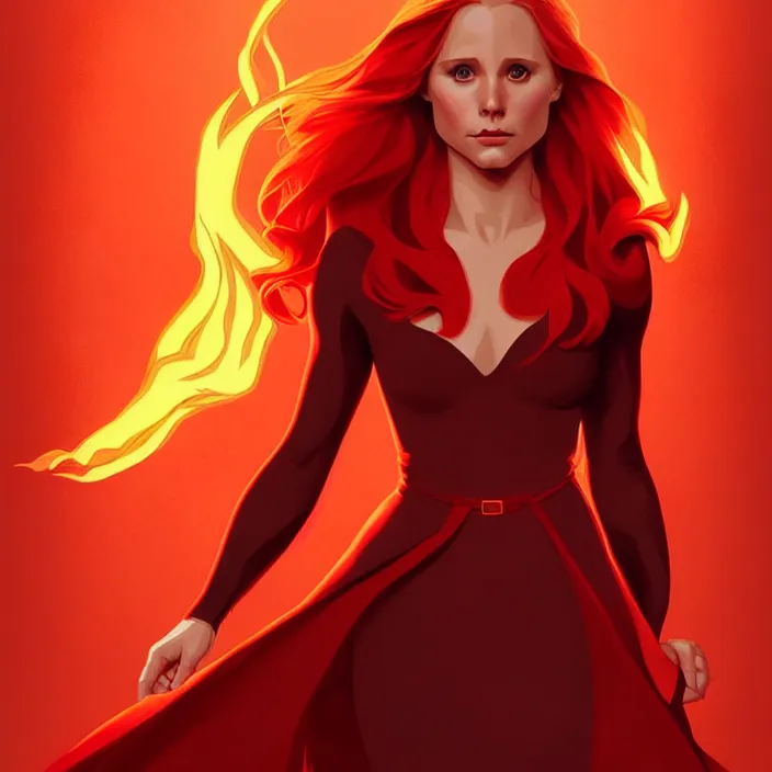 Image similar to style artgerm, joshua middleton, beautiful kristen bell with dark red dress, very long orange hair, symmetrical face, symmetrical eyes, fire powers fire swirling, detailed, volcano setting, cinematic lighting