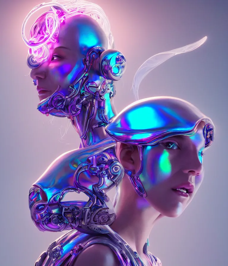 Prompt: iridescent portrait of a beautiful princess in robe. hard surface modelling. cyberpunk look. biomechanical mask. bio luminescent biomechanical halo around head. neon jellyfish. artwork by jarold Sng by artgerm, by Eddie Mendoza, by Peter mohrbacher by tooth wu, unreal engine, octane render, cinematic light, high details, iridescent colors, dichroic, macro, 4l