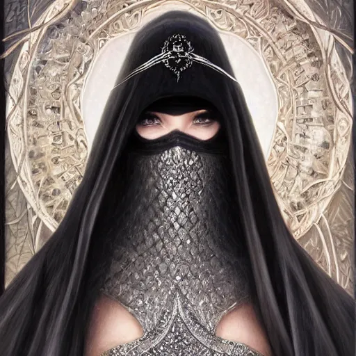 Image similar to a beautiful woman wearing a white niqab made of silver with jewelry and diamonds by alex gray and android jones, karol bak, ayami kojima, arabian, concept art, fantasy
