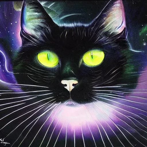 Image similar to spectacular oil painting of a black cat with bright green eyes floating through a nebula