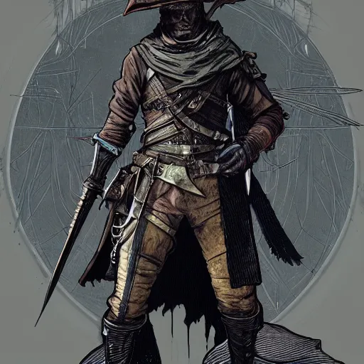 Image similar to an ultra detailed vector image of the hunter from bloodborne dressed as solaire of astora, concept art by alphonse mucha and greg rutkowski, scary shadows, blood moon eclipse, octane render, liminal space