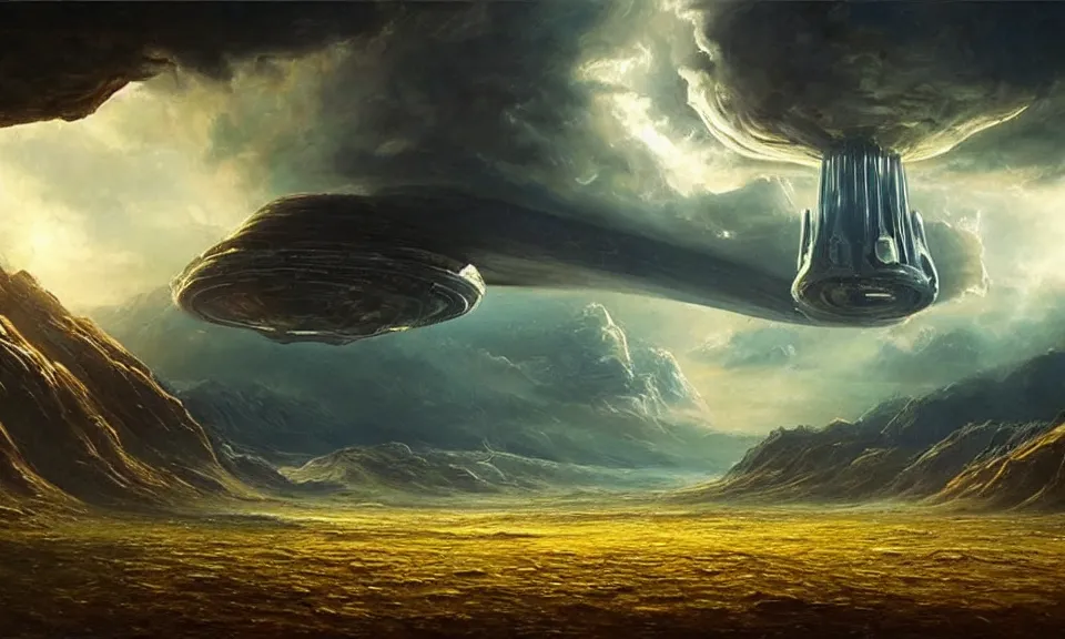 Prompt: the most beautiful landscape, oil painting, alien breathtaking landscape, giant spaceship, cinematic lighting, highly detailed, very realistic