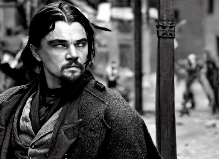 Image similar to an action scene from the movie gangs of new york, medium long shot, leonardo dicaprio and daniel day - lewis, sharp eyes, serious expressions, detailed and symmetric faces, black and white, cinematic, epic,