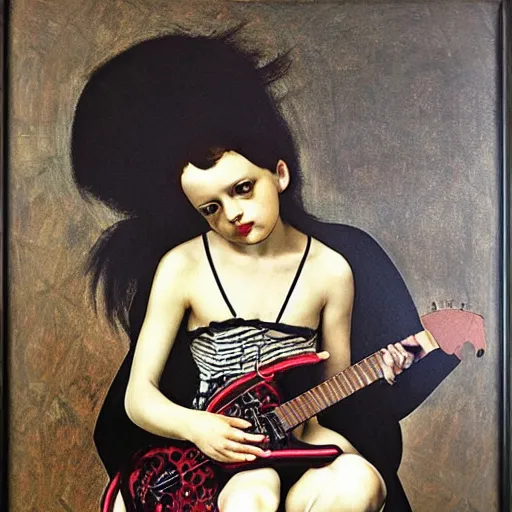 Prompt: Goth girl playing electric guitar by Mario Testino, oil painting by Caravaggio and Tintoretto
