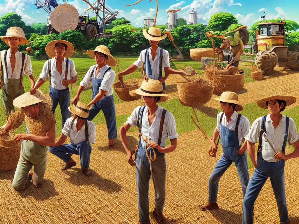 Prompt: mandragora farmers working on the sunny day, wearing a suspenders and straw hats, artgerm, artstation, art by hiroaki samura and jiro matsumoto and yusuke murata, box office hit, movie poster, unreal engine, octane render, sharp focus, high quality, highly detailed 8 k