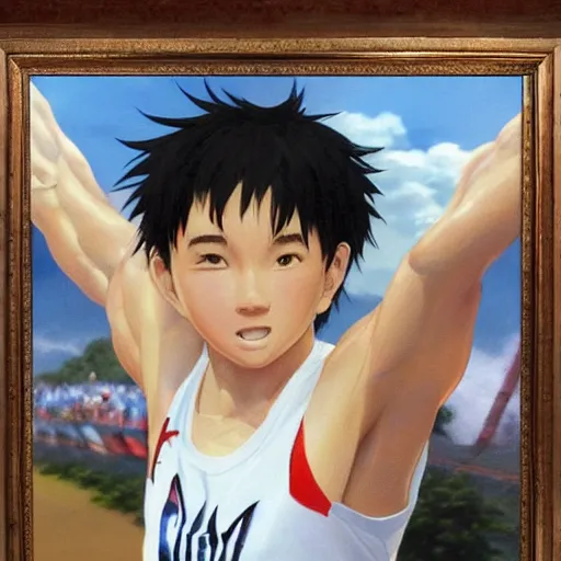 Image similar to portrait of a olympic games champion running, an oil painting by ross tran and thomas kincade, studio ghibli