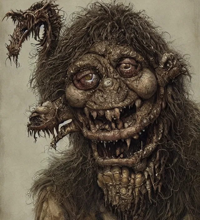 Image similar to hyper realistic portrait of postapocalyptic muppet show monster goblin, cinematic, symmetric, jean baptiste monge, scott radke