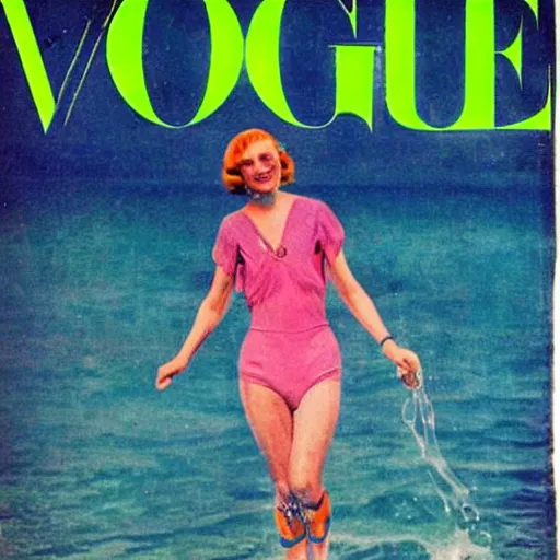 Prompt: a 1 9 2 8 colorful cover of vogue. happy, healthy, beautiful, smiling, sporty, glowing greta garbo in decent swim wear.