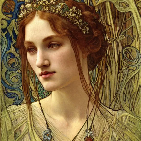 Image similar to detailed realistic beautiful young medieval queen face portrait by jean delville, alphonse mucha, vincent van gogh, and marco mazzoni, art nouveau, symbolist, visionary, gothic, pre - raphaelite