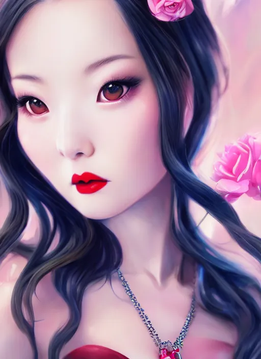 Image similar to a pin up and beautiful fashion dreamlke japan girl with lv jewelry, character art, art by artgerm, wlop, loish, hyperdetailed, 8 k realistic, symmetrical, global illumination, radiant light, frostbite 3 engine, cryengine, dof, trending on artstation, digital art, chanel, dior, detailed background