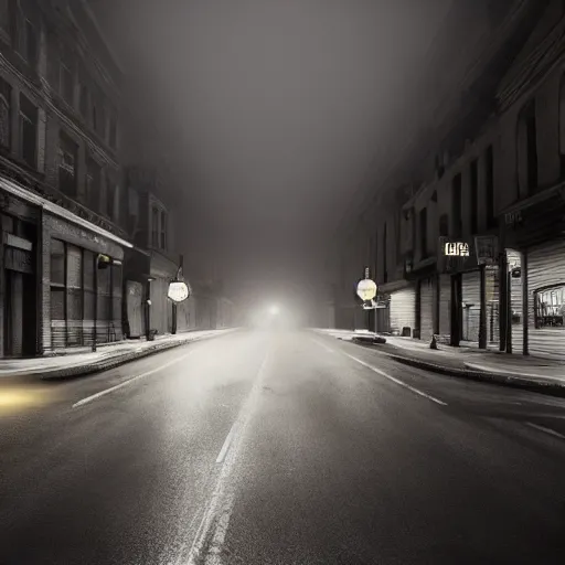 Image similar to A stunningly beautiful award-winning 8K high angle from 2nd floor cinematic movie photograph looking down diagonally across a spooky dark very foggy empty lightless main street intersection in an abandoned 1950s small town at night. perfect composition, moody low key. Color palette from Seven, greens yellows and reds. 2 point perspective. Octane render