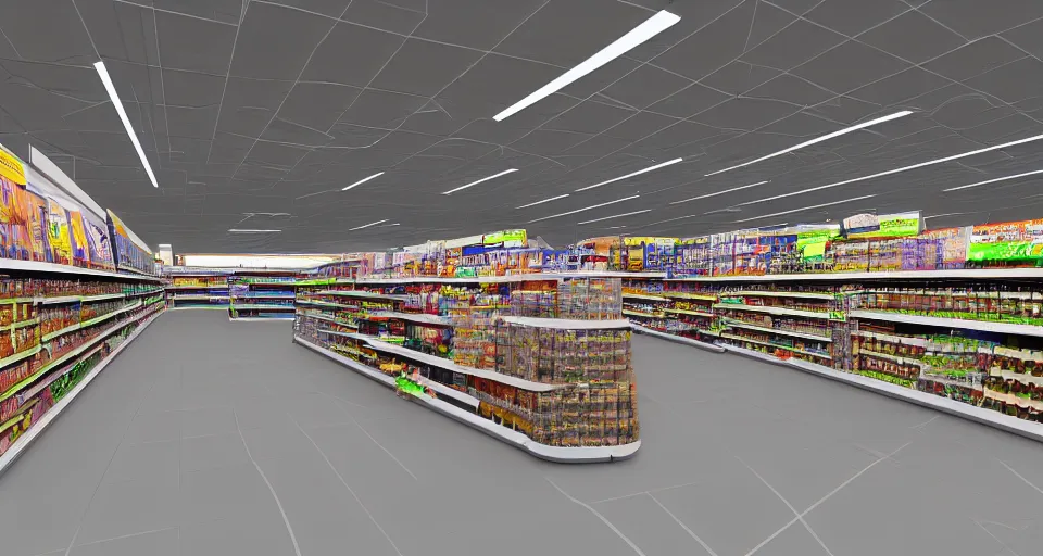 Image similar to vast futuristic supermarket with endless empty shelves, vray render, hyperrealistic, highly detailed