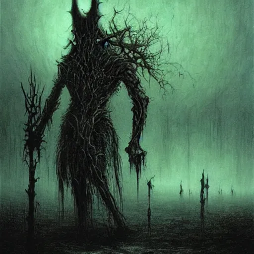 Prompt: shadowknight archfiend beksinski, eldritch, apocalypse, creepy creature, horror spooky