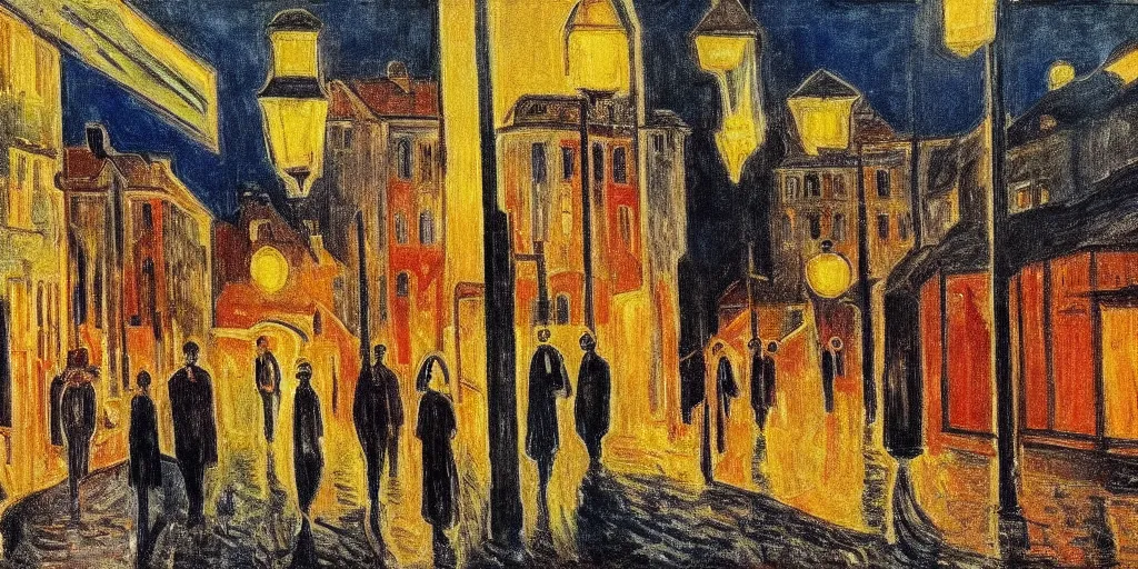 Image similar to a street scene in the first district of vienna, twilight, lights in windows, style of edvard munch, the storm