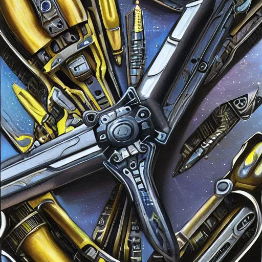 Prompt: a highly detailed painting of an alien multi tool with intricate futuristic gadgets in a sleek design, futuristic tech, alien knowledge, specialized tools, 8 k, 4 k, highly detailed, sharp