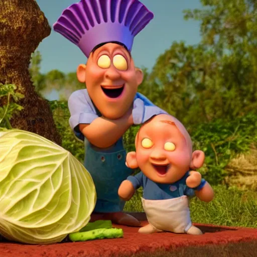 Image similar to cabbages character and king cooking pizza in a wood fired oven, highly detailed 3 d render, funny, pixar