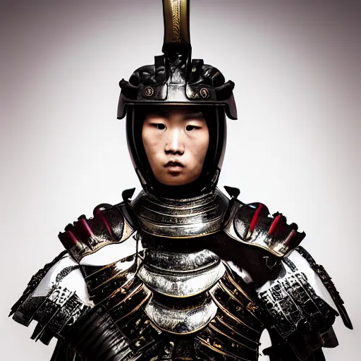 Image similar to a portrait of a beautiful young samurai male wearing an alexander mcqueen armor , photographed by andrew thomas huang, artistic