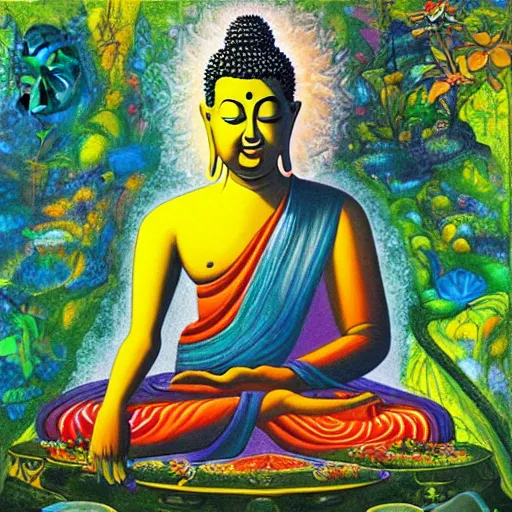 Image similar to “ buddha, at the moment of enlightenment, sitting in a psychedelic field of colorful flowers and water falls, portrait by paul bonner. oil on canvas. ”