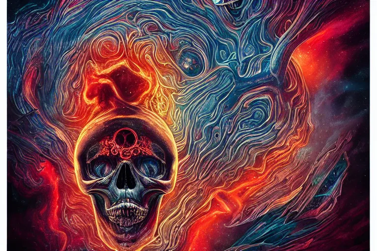 Image similar to a giant skull with intricate rune carvings and red eyes with lovecraftian tentacles emerging from a space nebula by dan mumford, smoke trails, digital art, photorealistic, vivid colors, highly detailed, intricate