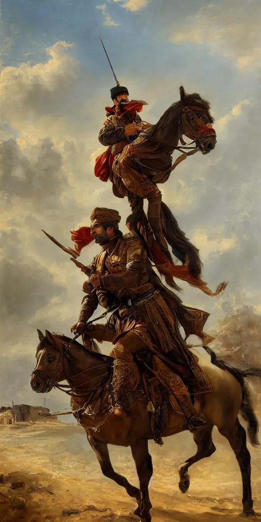 Image similar to Highly detailed and cinematic romantic period oil painting of an Arabian soldier riding a rearing horse, strong atmosphere, oil painting masterpiece by Josep Tapiró Baró, RPG portrait, dynamic lighting, 8K