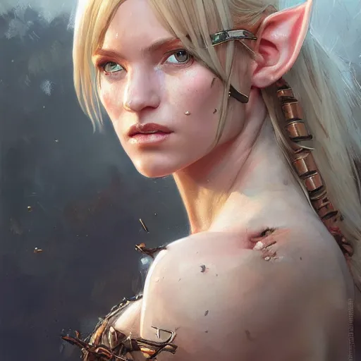 Image similar to A head-on detailed oil portrait of a pretty elf woman with small cuflhcopper horns, long blonde hair and bright irises, by greg rutkowski, trending on artstation, dungeon and dragons art