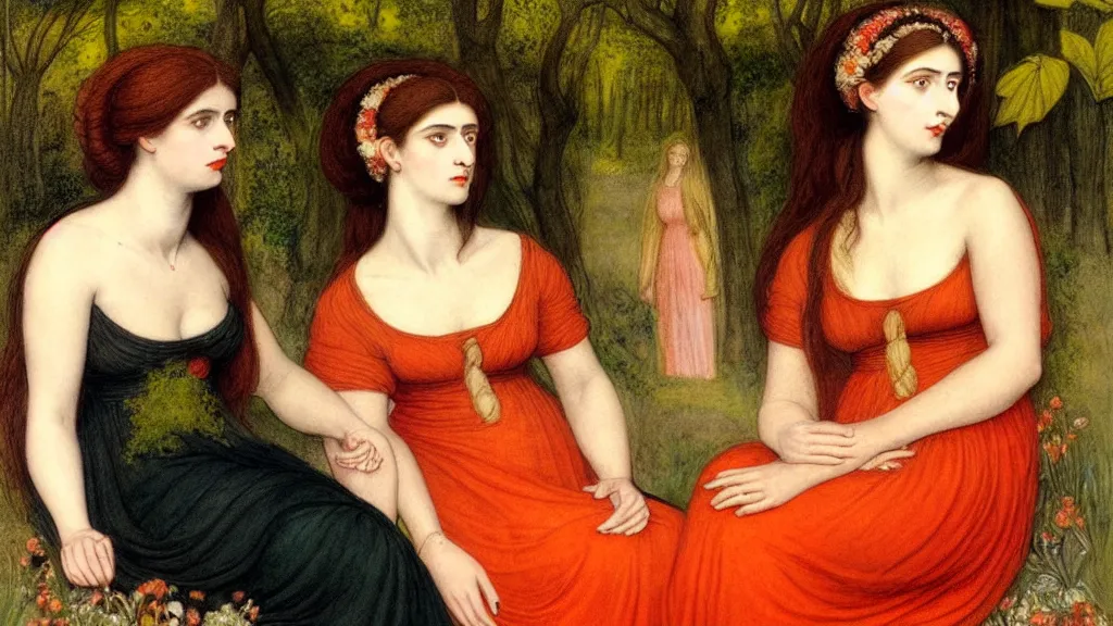 Image similar to portrait of a pale woman with brown hair wearing a red dress is held by another pale woman with black hair wearing a yellow dress sitting together surrounded by nature, in the style of “ sappho and erinna in the garden mytelene ” by simeon solomon, intricate details, high detail, super - flat