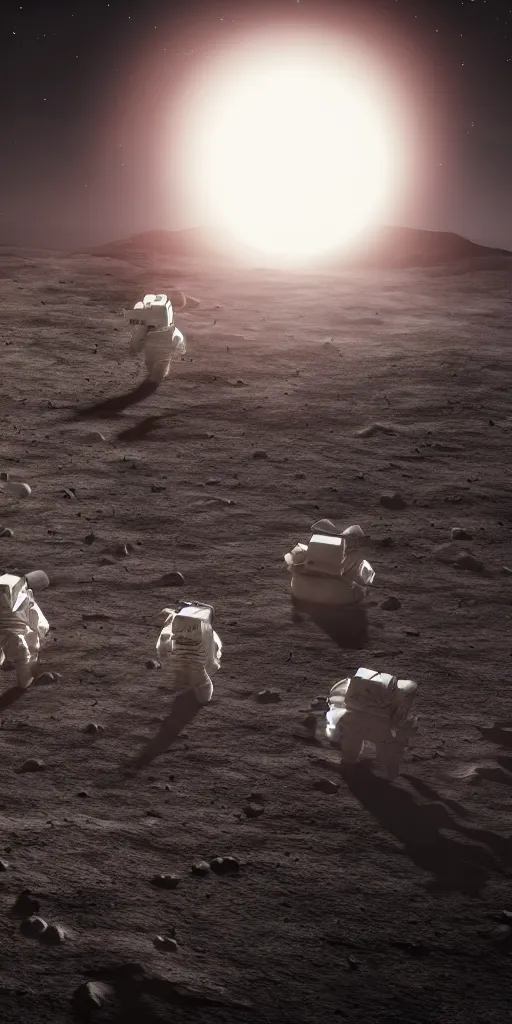 Image similar to concept art, chinese astronauts landing on the moon, backlight, background is lunar crater, earth, starry sky, meteorite crater, lunar module, f 3 2, high detail, octane rendering, unreal engine.